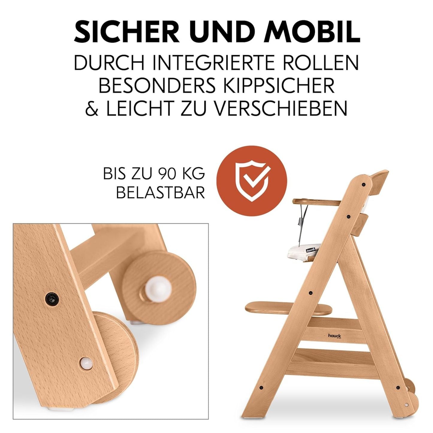 hauck Hochstuhl Beta+ Newborn Set Eco Bouncer - mitwachsender Holz Babyhochstuhl ab Geburt, inkl. Neugeborenenaufsatz, Sitzpolster und Essbrett - Dark Grey