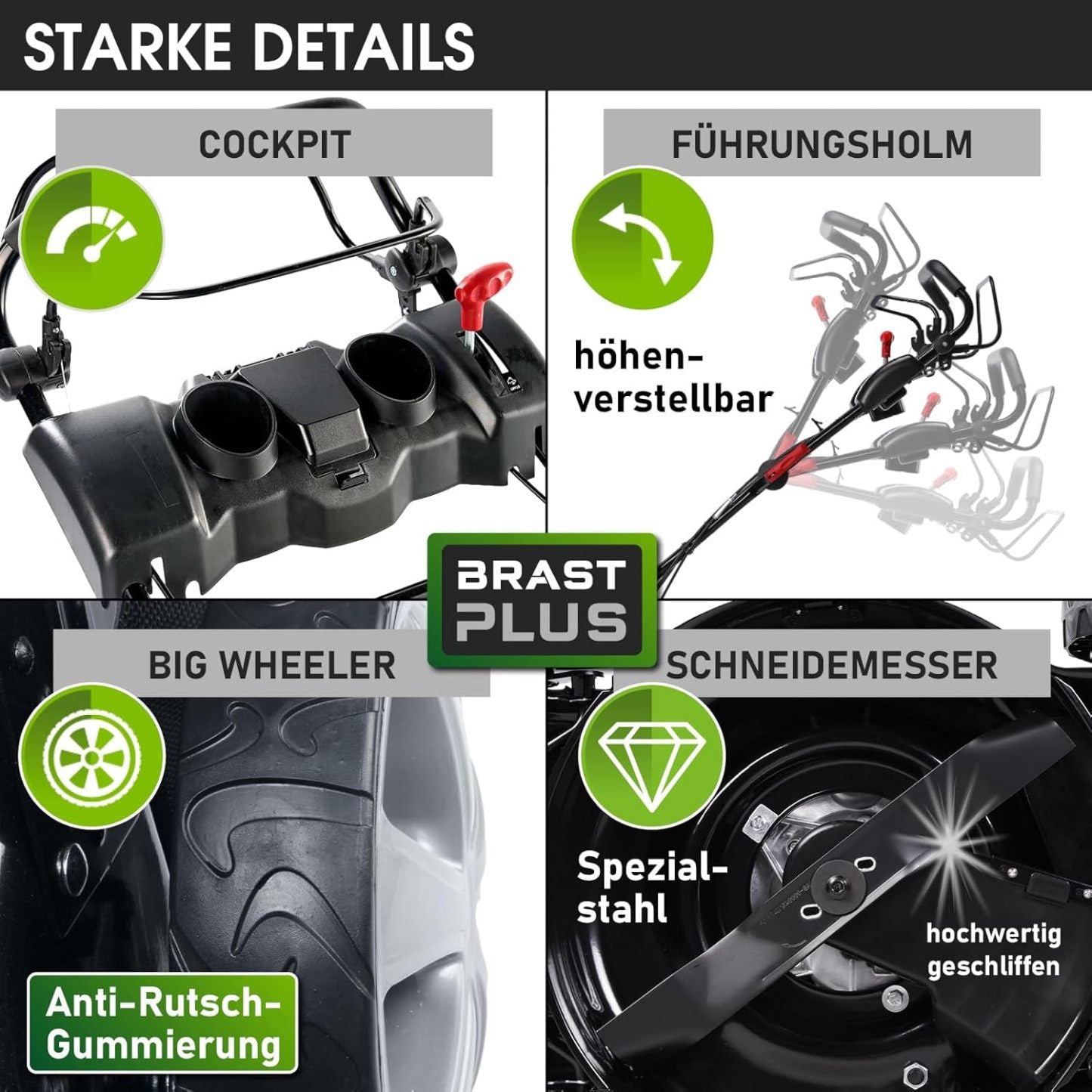 BRAST Benzin Rasenmäher mit Antrieb | 5,2kW (7PS) | 55cm Schnittbreite | viele Modelle | TÜV | 30-80mm Schnitthöhe | 60L Fangkorb | 4 Takt OHV Motor | Stahlgehäuse | Power