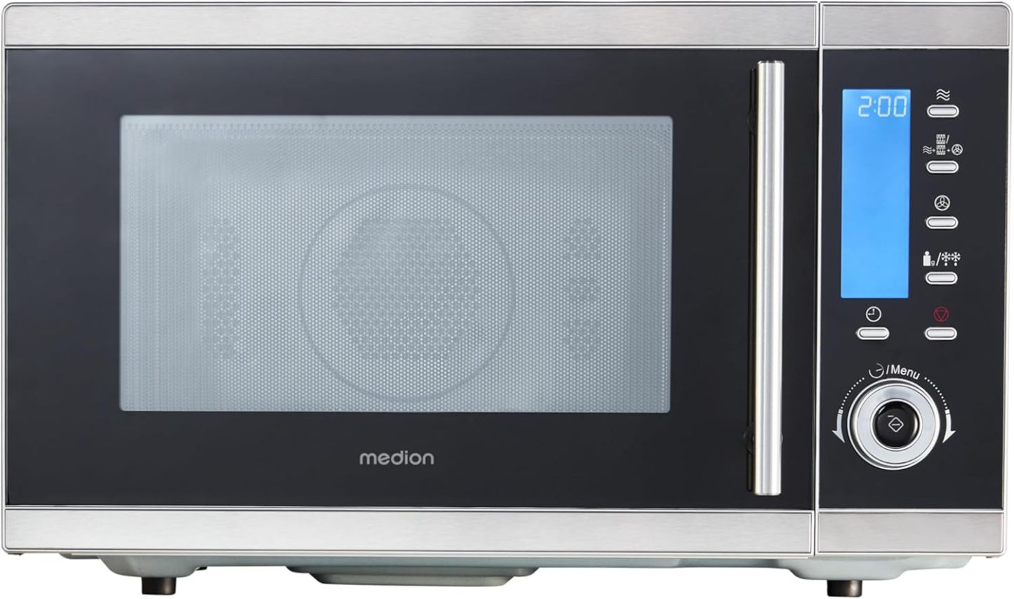 MEDION MD 15501 4 in 1 Mikrowelle mit Grill (25 Liter, 900 Watt, 1100 Watt Grill, 2500 Watt Heißluft, 10 Automatik-Programme) silber