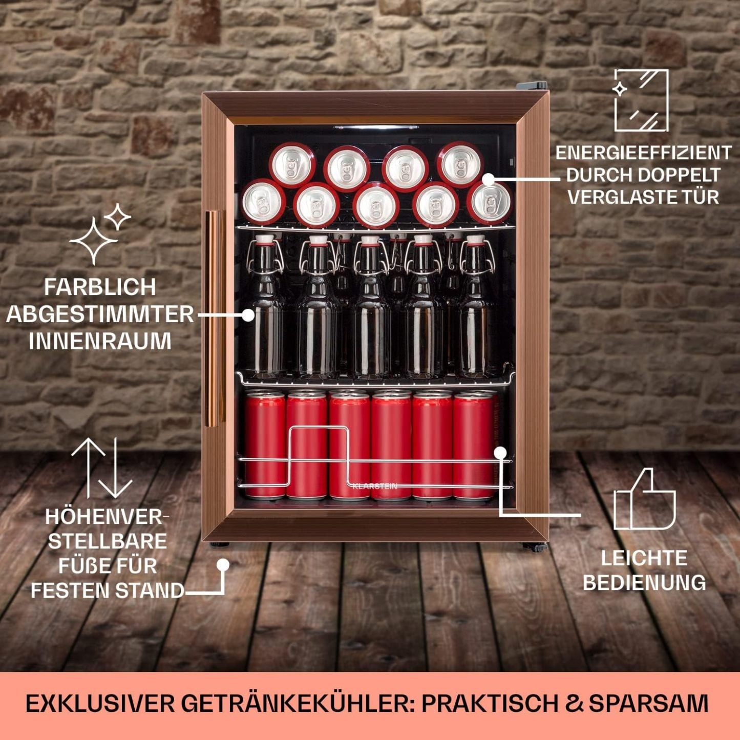 Klarstein Mini Kühlschrank mit Glastür für Zimmer, Getrnkekühlschrank mit Verstellbaren Ablagen, Kleiner 80 Liter, Indoor/Outdoor Kühlschrank Leise