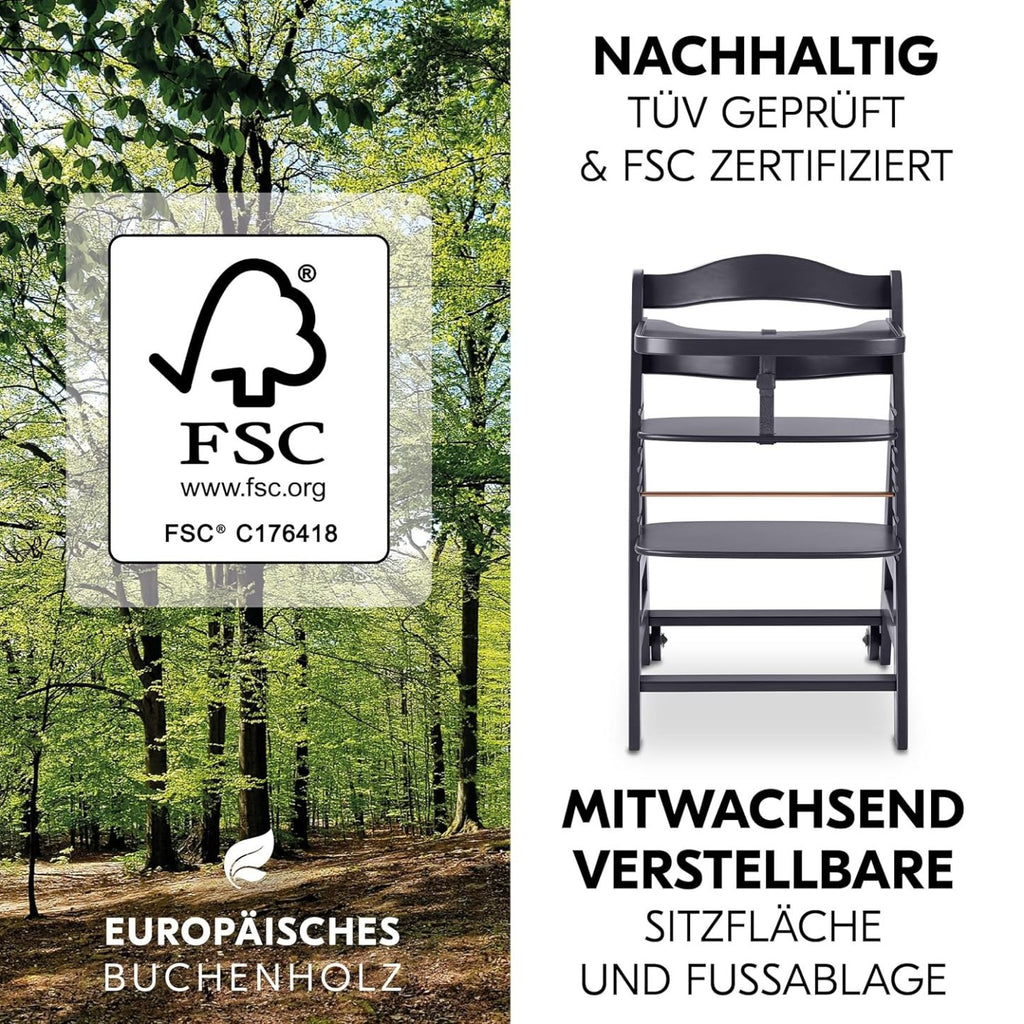 hauck Hochstuhl Beta+ Newborn Set Eco Bouncer - mitwachsender Holz Babyhochstuhl ab Geburt, inkl. Neugeborenenaufsatz, Sitzpolster und Essbrett - Dark Grey