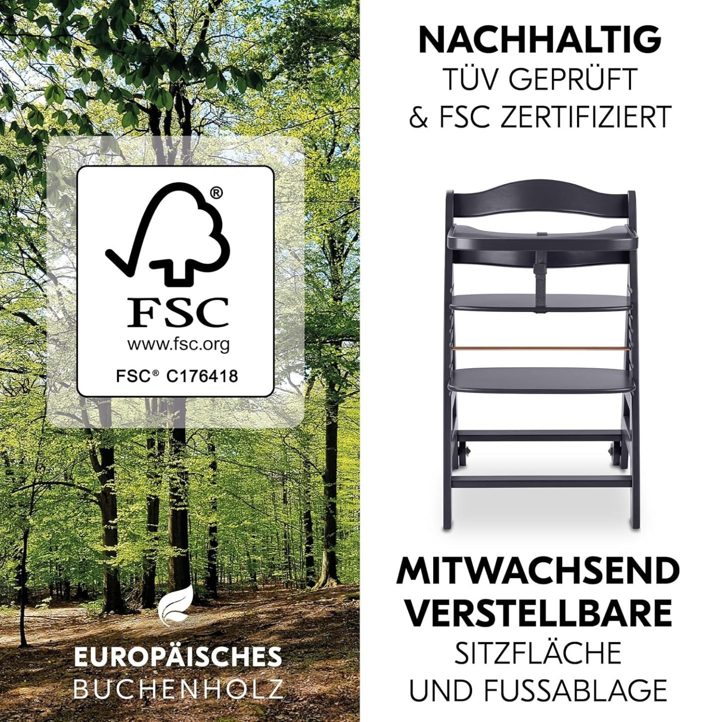 hauck Hochstuhl Beta+ Newborn Set Eco Bouncer - mitwachsender Holz Babyhochstuhl ab Geburt, inkl. Neugeborenenaufsatz, Sitzpolster und Essbrett - Dark Grey