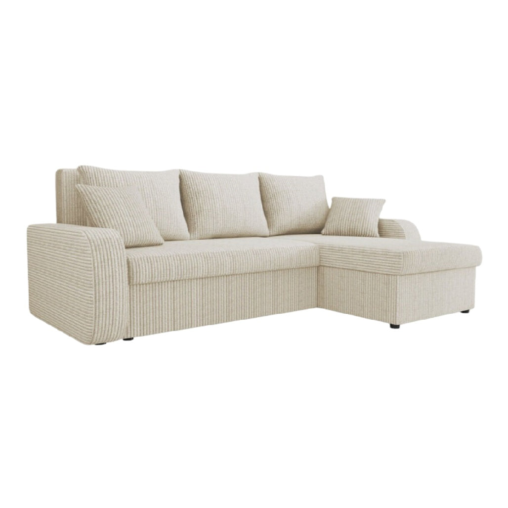 Canapé d'angle en tissu beige avec coussins inclus