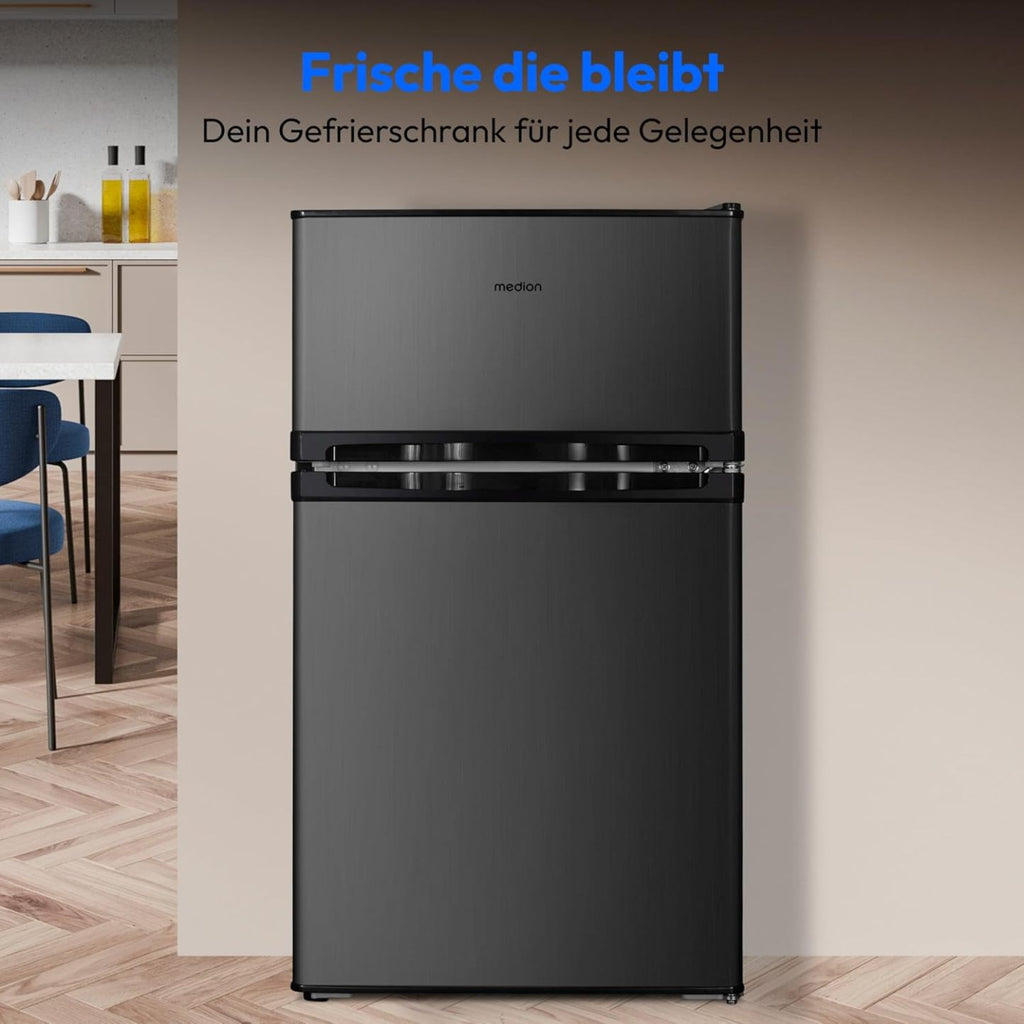 MEDION Mini Kühl-Gefrierkombination (85 Liter, 61L Kühlteil, 24L Gefrierteil, freistehend, 40 dB, transparente Gemüseschublade, Türanschlag wechselbar, MD 37689) grau