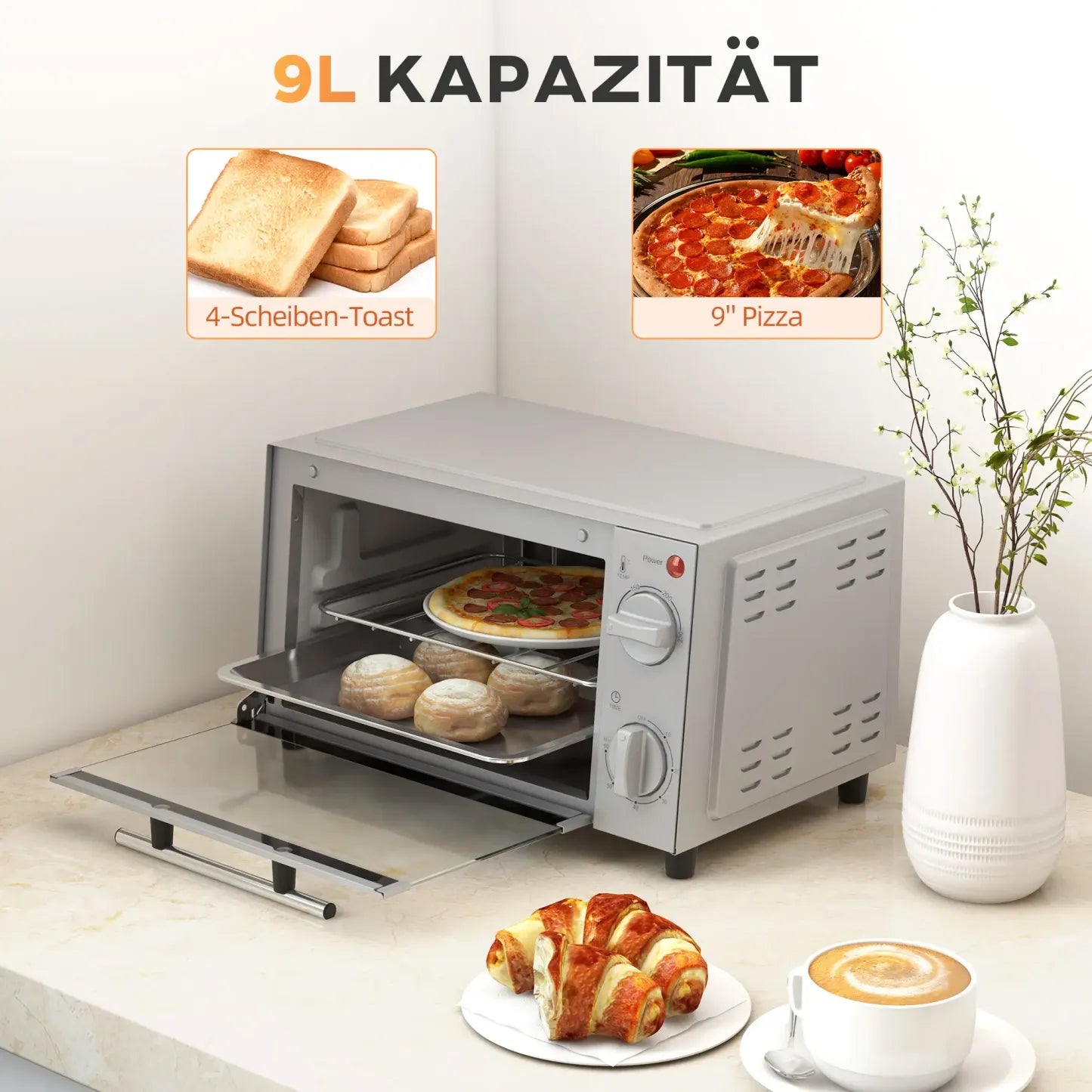 HOMCOM Minibackofen Elektro mit Timer & Sichtfenster Edelstahl