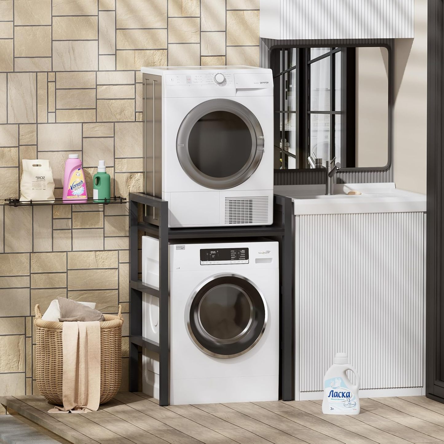 MSFE Regal über Waschmaschine,Höhenverstellbarer Wäschetrocknerständer,Lagerregal über der Waschmaschine, Tragfähigkeit 350 kg,für Waschmaschine und Trockner,73 * 64 * 110cm,Patentiertes Produkt