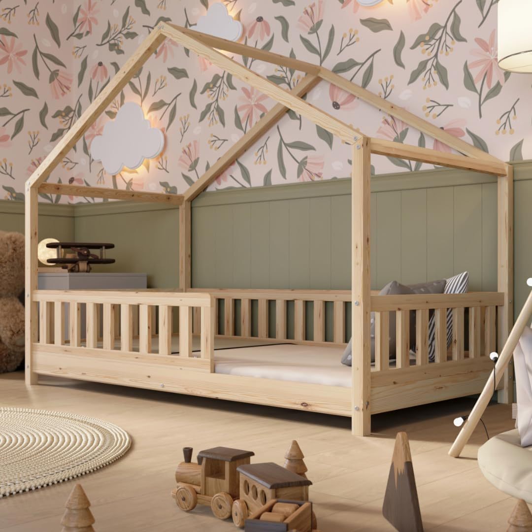 Crazy Pine Hausbett mit Schubladen 200x90 cm – Kinderbett aus Naturholz mit Rausfallschutz – Montessori Bodenbett mit zusätzlichen Stauraum und und Abnehmbarer Barriere - Crazy House
