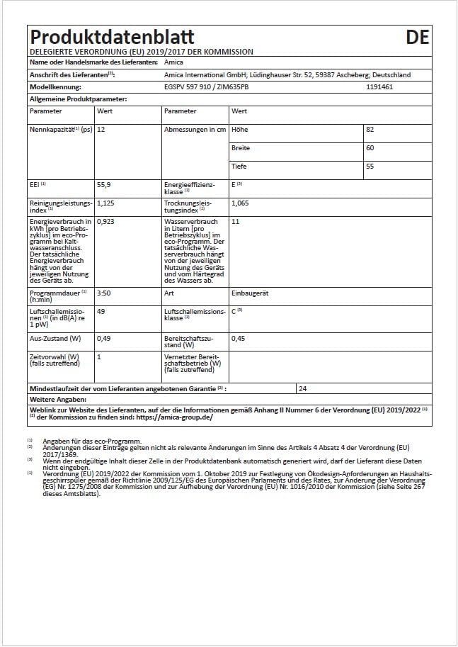 Amica Einbau-Geschirrspüler EGSPV 597 910 / vollintegriert / 60 cm breit / 5 Programme, 12 Maßgedecke/Startzeitvorwahl
