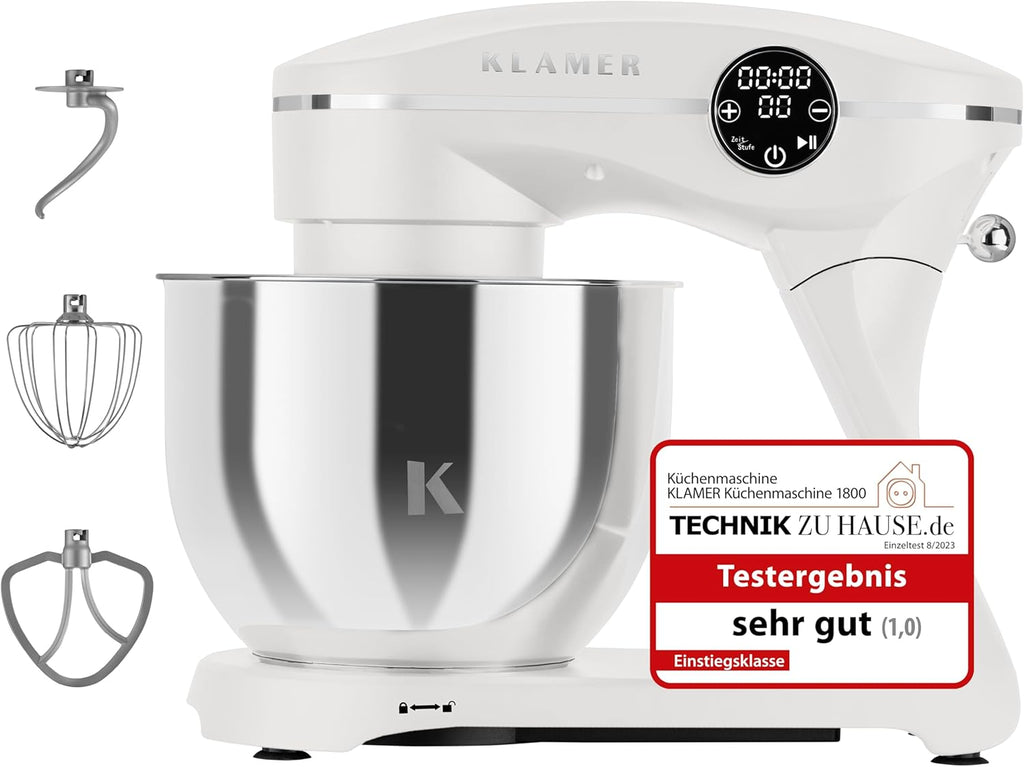 KLAMER Küchenmaschine 1800W, Knetmaschine Brotteig mit Edelstahl-Rührschüssel 6 L, 10 Stufen mit Timer, Planetenrührwerk, Rührbesen, Knethaken, Schneebesen & Sichtdeckel (schwarz)