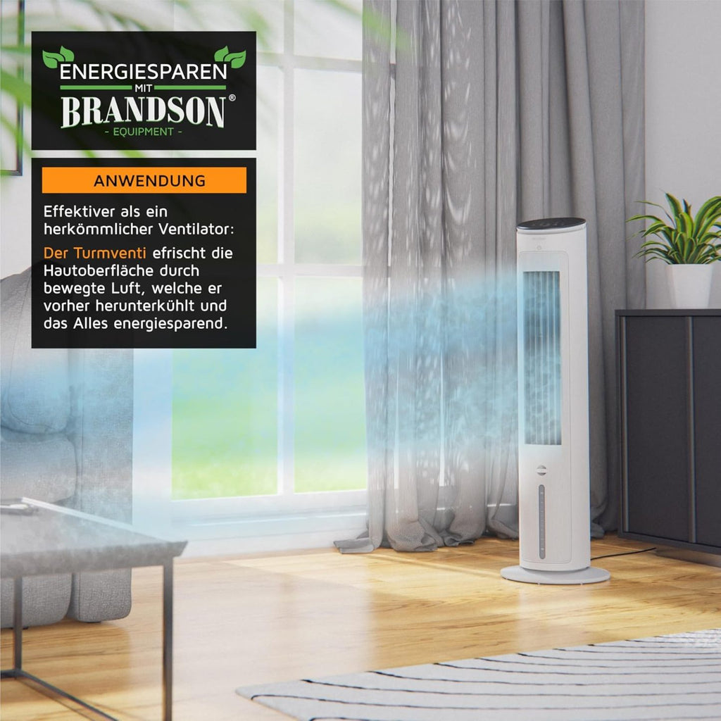 Brandson - Turmventilator mit Wasserkühlung - Preisträger 2025 - Verdunstungskühler - Luftkühler - Ventilator - mobile Klimaanlage ohne Abluftschlauch - 5 in 1 - leise - 4,6 L Wassertank - weiß