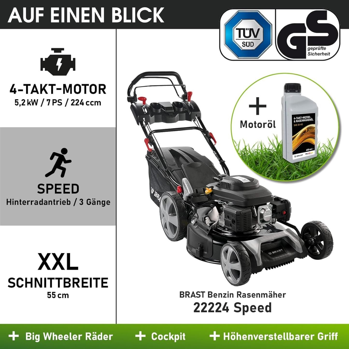 BRAST Benzin Rasenmäher mit Antrieb | 5,2kW (7PS) | 55cm Schnittbreite | viele Modelle | TÜV | 30-80mm Schnitthöhe | 60L Fangkorb | 4 Takt OHV Motor | Stahlgehäuse | Power