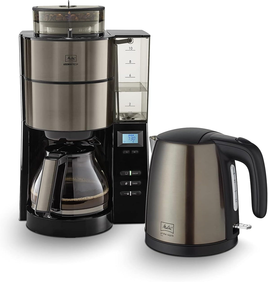 Melitta AromaFresh - Filterkaffeemaschine - mit Glaskanne - integriertes Mahlwerk - Timer Funktion - 10 Tassen - Pure Black