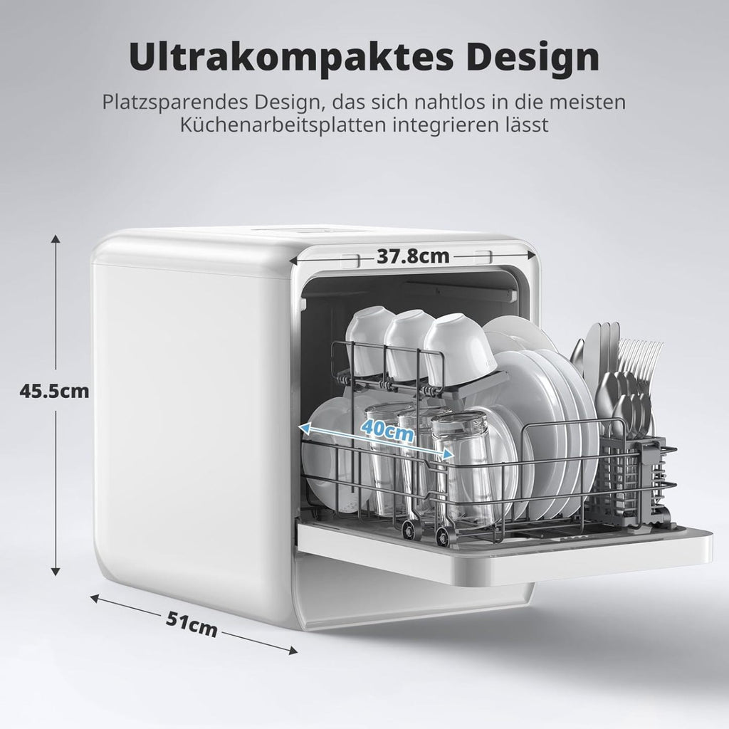 AIRMSEN Tischgeschirrspüler Mini Geschirrspüler mit wassertank klarspüler spülmaschine mit 9 Programme 37 * 50cm Ultra-Schmal & Tief, 1-24H Timer, 360° Doppelspray Schlauch-/Schlauchlos Weiß (Weiß)