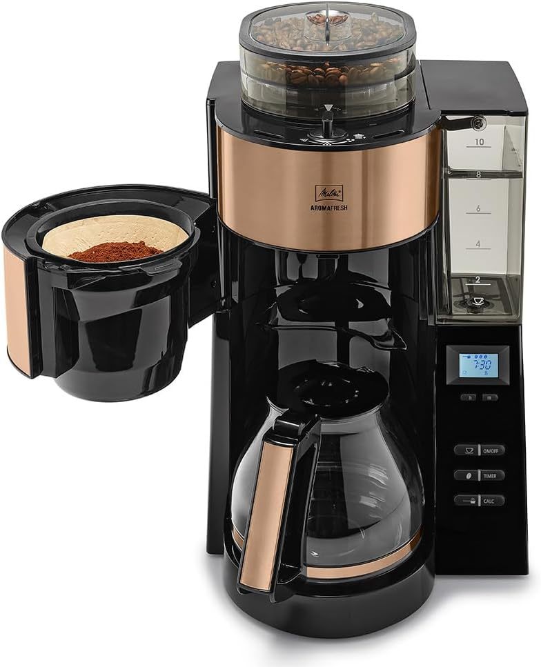 Melitta AromaFresh - Filterkaffeemaschine - mit Glaskanne - integriertes Mahlwerk - Timer Funktion - 10 Tassen - Pure Black