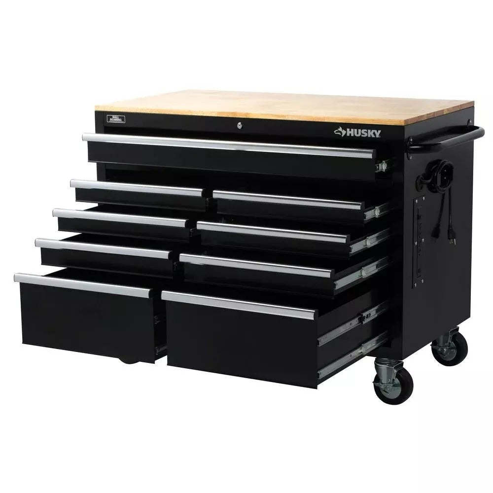 46 Zoll B x 24 Zoll T, tiefer Werkzeugkasten mit 9 Schubladen, glänzend schwarz, mobile Werkbank