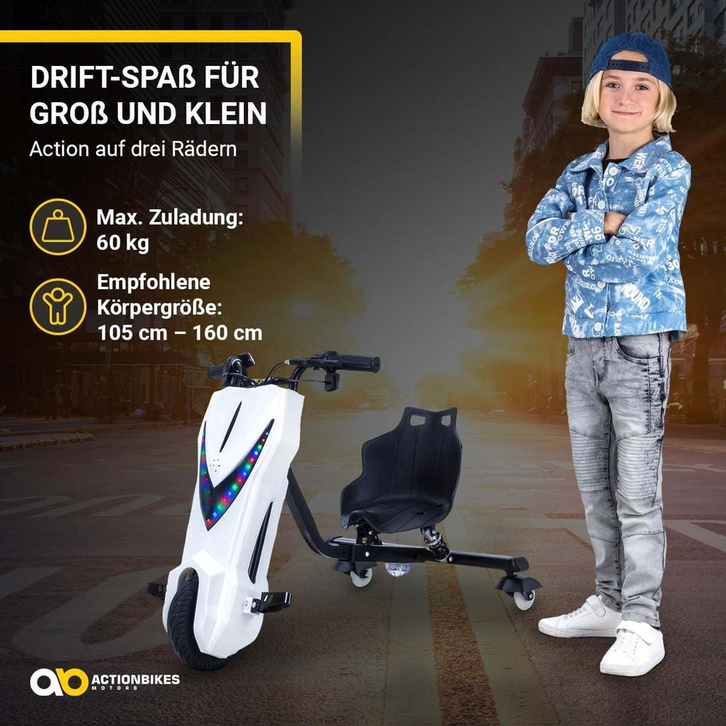 Actionbikes Motors Kinder Elektro Driftscooter | 𝟐𝟓𝟎 Watt Motor - Drift Cart 360°- 3 Geschwindigkeitsstufen - LED-Beleuchtung - Sitz verstellbar - Bluetooth - Drift Kart - Drift Auto (Space Purple)