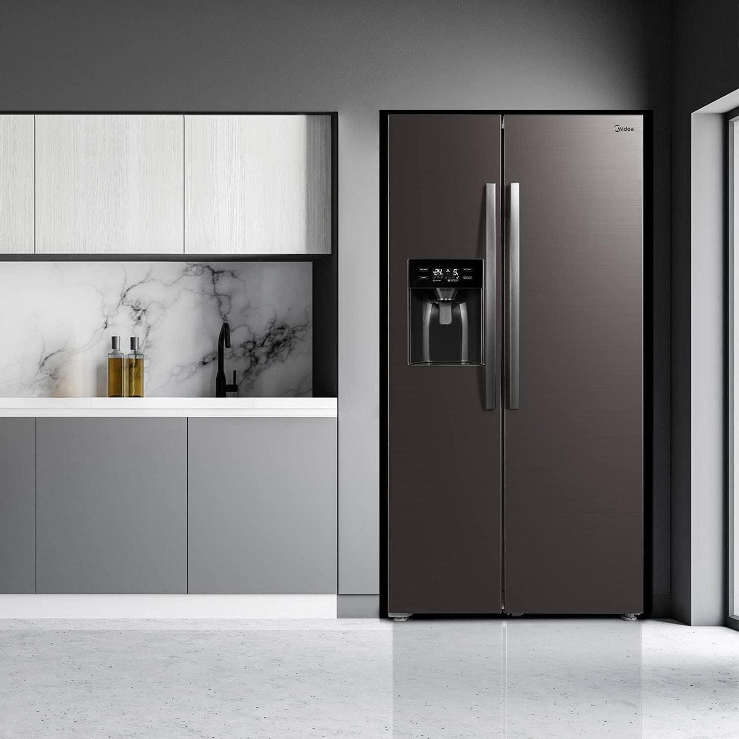 Midea KS-DDX 6.32 WT Side-by-Side Kühl-/Gefrierkombination/ 178,8 cm Hhe/ 254 kWh/Jahr/No Frost/Dual Inverter Compressor/mit 3in1 Wasser-/Eisspender und Wassertank, Dark Inox