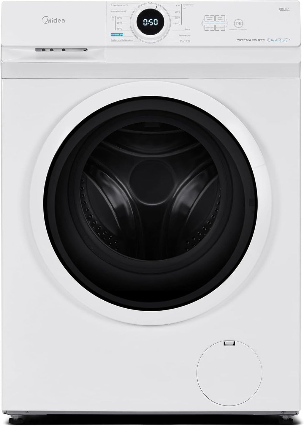 Midea MF10EW80B Waschmaschine / 8kg / 1400 U/Min/EEK A/Inverter Quattro Moto/Dampffunktion/Grosse Trommel/Slim Design/Nachlegefunktion/Kindersicherung/AquaStop, Weiß
