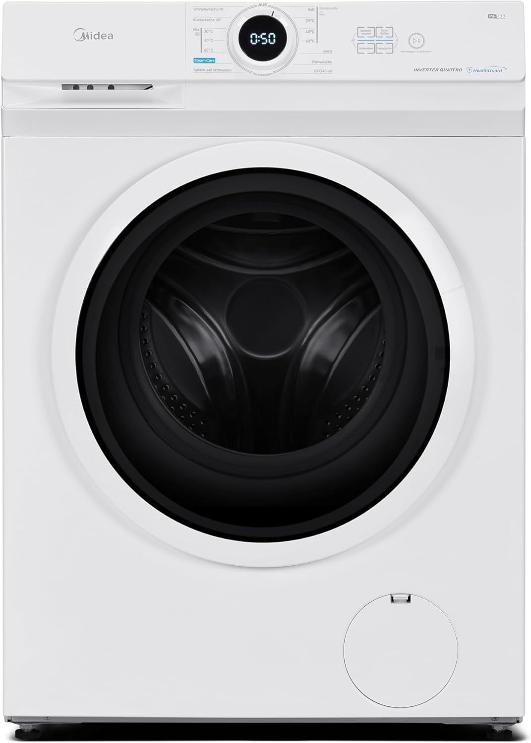 Midea MF10EW80B Waschmaschine / 8kg / 1400 U/Min/EEK A/Inverter Quattro Moto/Dampffunktion/Grosse Trommel/Slim Design/Nachlegefunktion/Kindersicherung/AquaStop, Weiß