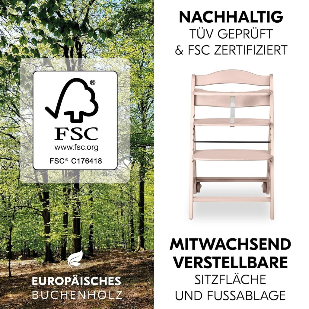 hauck Hochstuhl Beta+ Newborn Set Eco Bouncer - mitwachsender Holz Babyhochstuhl ab Geburt, inkl. Neugeborenenaufsatz, Sitzpolster und Essbrett - Dark Grey