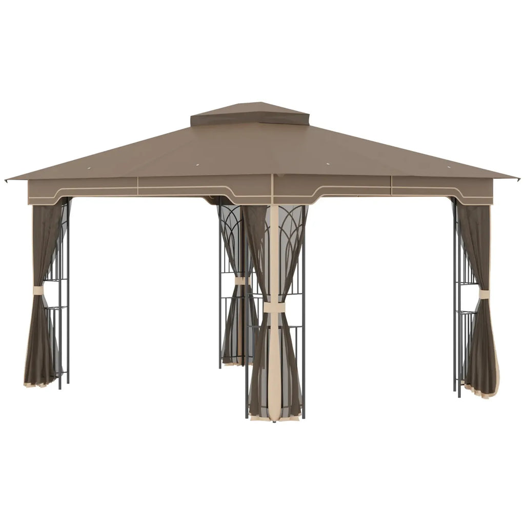 Outsunny Gartenpavillon 3,65 × 3 m mit Doppeldach & Moskitonetz – Braun/Beige
