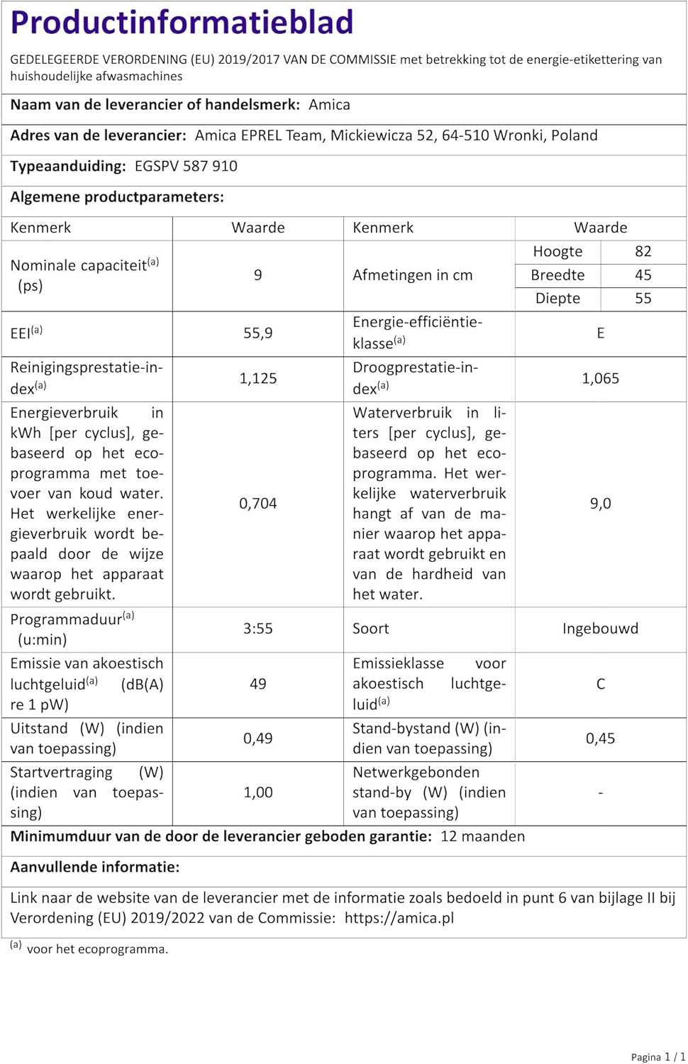Amica Einbau-Geschirrspüler EGSPV 597 910 / vollintegriert / 60 cm breit / 5 Programme, 12 Maßgedecke/Startzeitvorwahl