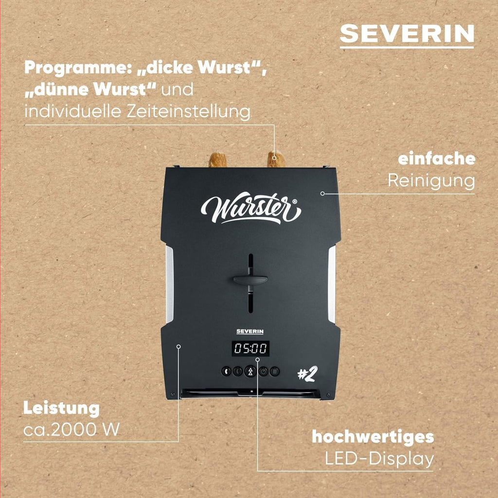 SEVERIN WURSTER, perfekt gebräunte Würstchen auf Knopfdruck in nur 5 Minuten, ohne Zugabe von Fremdfett, inkl. Holzzange, Schwarz, Edelstahl/Kunststoff, WT 5005