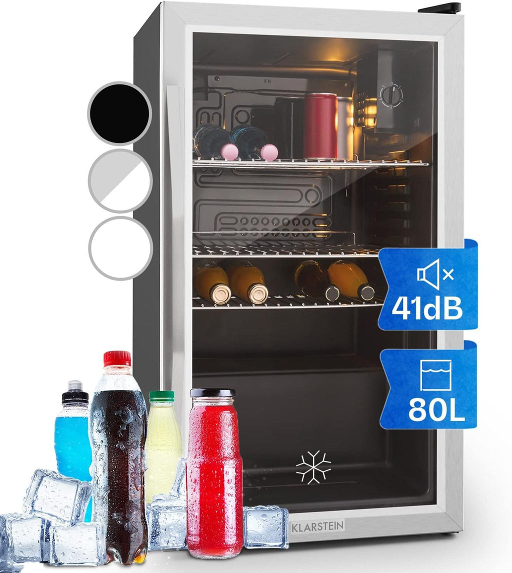 Klarstein Mini Kühlschrank mit Glastür für Zimmer, Getrnkekühlschrank mit Verstellbaren Ablagen, Kleiner 80 Liter, Indoor/Outdoor Kühlschrank Leise
