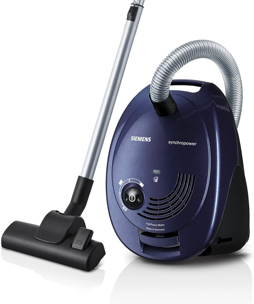 Siemens Staubsauger mit Beutel synchropower VS06A111, Bodenstaubsauger, Hygiene-Filter, Bodendüse für Hartboden und Teppich, starke Saugleistung, langes Kabel, Fugendüse, 600 W, blau