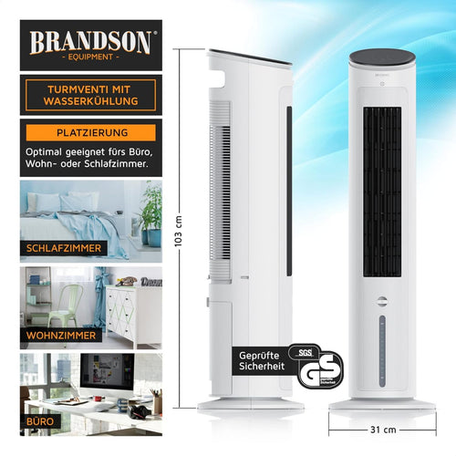 Brandson - Turmventilator mit Wasserkühlung - Preisträger 2025 - Verdunstungskühler - Luftkühler - Ventilator - mobile Klimaanlage ohne Abluftschlauch - 5 in 1 - leise - 4,6 L Wassertank - weiß