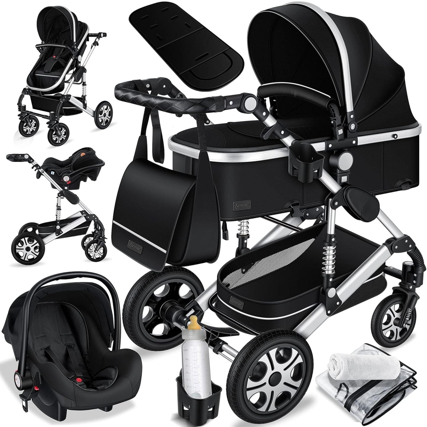 KESSER Loops 3 in 1 Kinderwagen Kombikinderwagen Komplett-Set inkl. Babywanne & Buggy Sportsitz & Auto-Babyschale Voll-Gummireifen Wickeltasche Regenschutz Kindertisch ECE R129, Schwarz/Champagne
