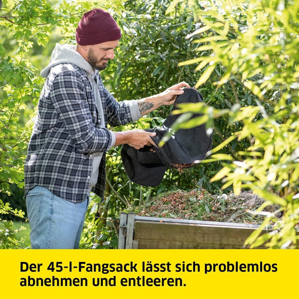 Kärcher 18 V Akku-Laubbläser und -sauger BLV 18-200 Battery Set, inkl. 18 V/2,5 Ah Akku und Schnellladegerät, mit Mulchfunktion, Luftgeschwindigkeit: 200 km/h, Fangsackvolumen: 45 l, Gewicht: 3,5 kg