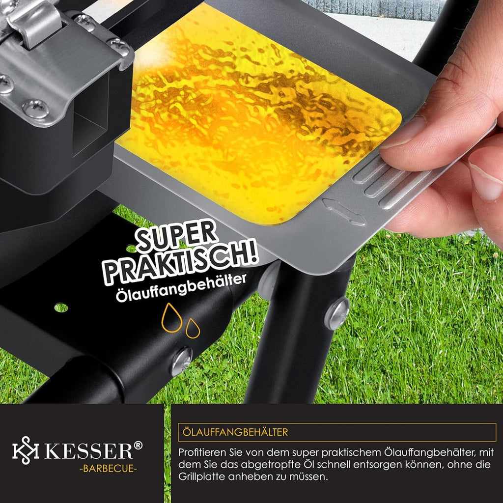 KESSER elektrischer Elektrogrill 2in1 Tischgrill - Standgrill mit Deckel und Standfuß | max. 2400 Watt | Faltbar | Thermostat | Antihaftbeschichtung | Grillplatte Abstelltische | 2 Räder |