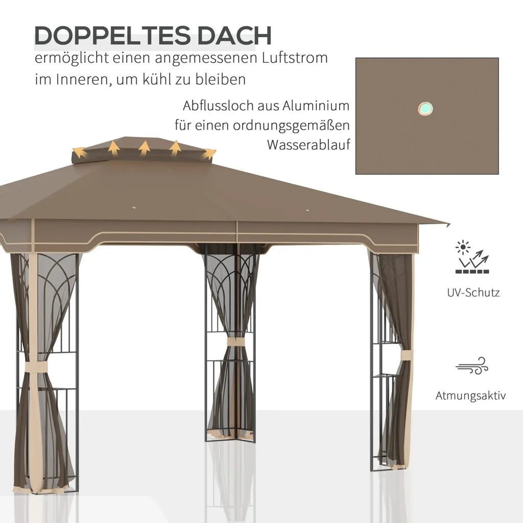 Outsunny Gartenpavillon 3,65 × 3 m mit Doppeldach & Moskitonetz – Braun/Beige