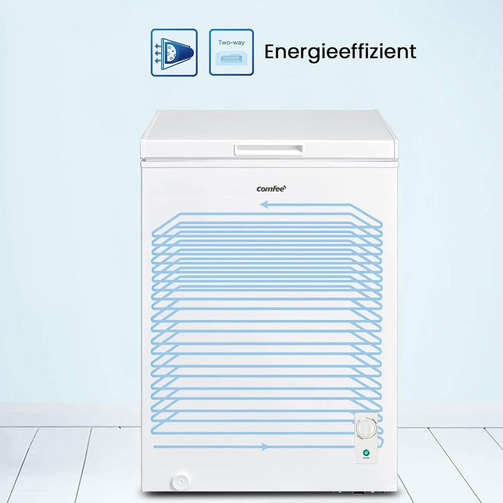 Comfee RCC100WH2(E) Gefriertruhe/169 kWh/Jahr/85cm hoch/99L/38dB/Geringe Lautstärke/Hoch effizientesD-förmigesRohr/Geeignet für verschiedene Einsatzszenarien/Einstellbarer Temperaturregler/Weiß