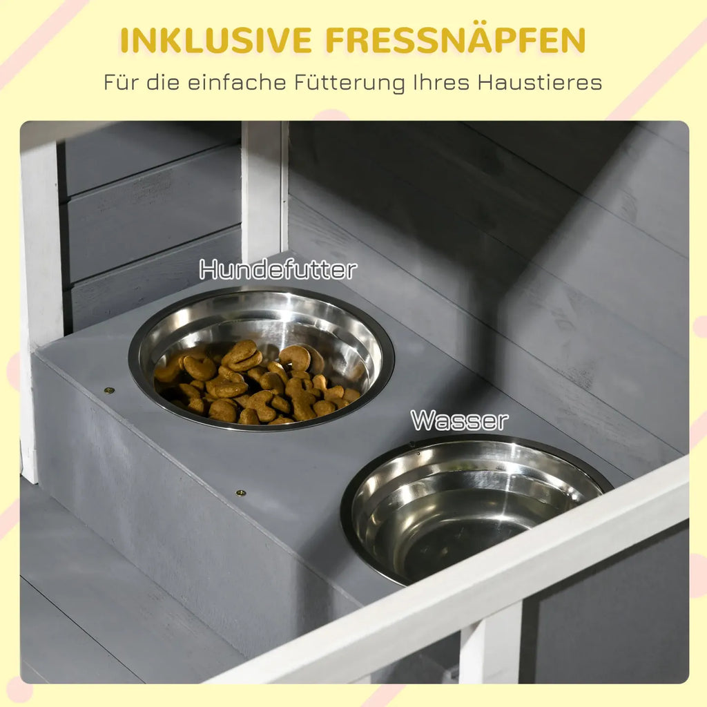 PawHut Hundehütte mit überdachter Veranda und Futternäpfen Outdoor