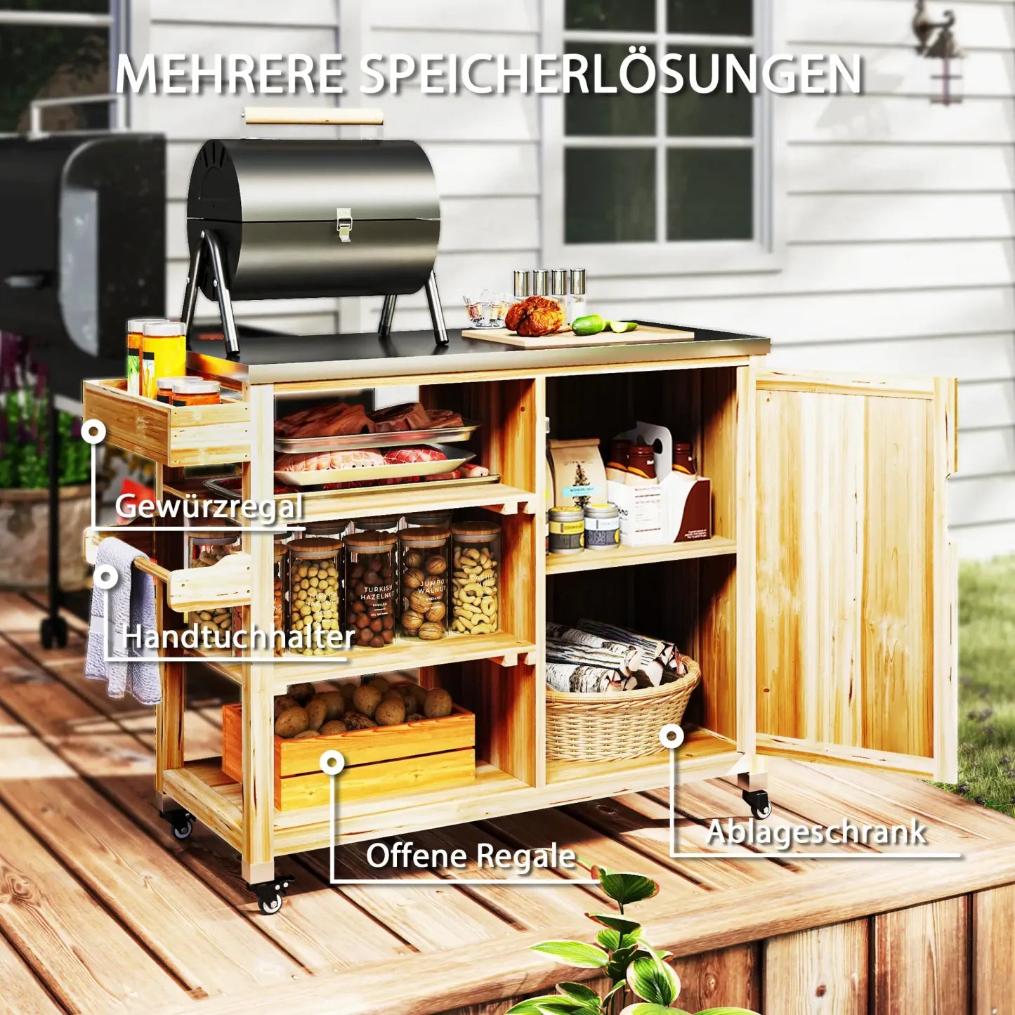 Outsunny Grillwagen Outdoor Kücheninsel mit Rollen Massivholz