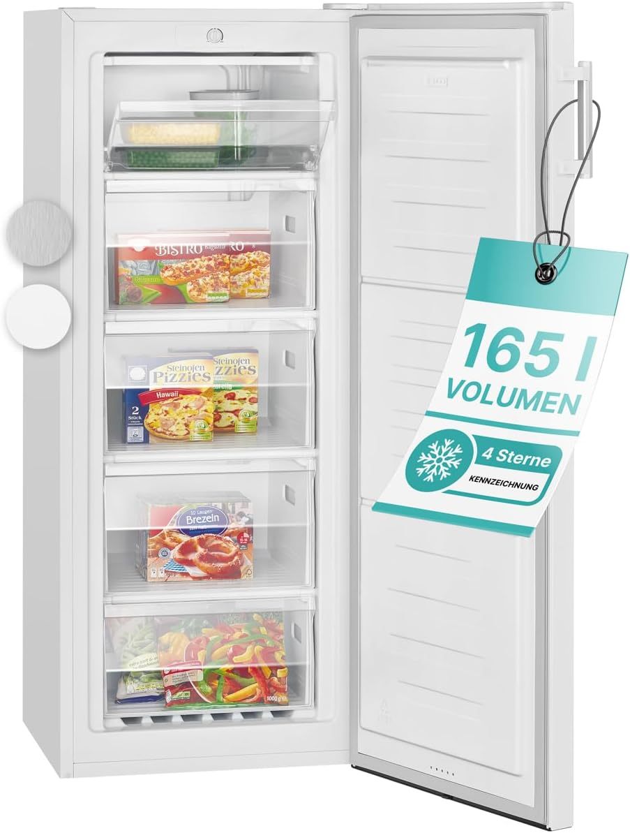 Bomann großer Gefrierschrank freistehend | 165 Liter Nutzinhalt für Lebensmittel | 5 Schubladen | Freezer Eisschrank Froster | wechselbarer Türanschlag inkl. Eiswürfelschale | GS 7317.1 weiß