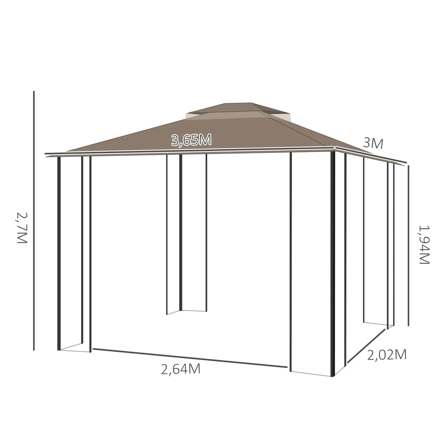 Outsunny Gartenpavillon 3,65 × 3 m mit Doppeldach & Moskitonetz – Braun/Beige