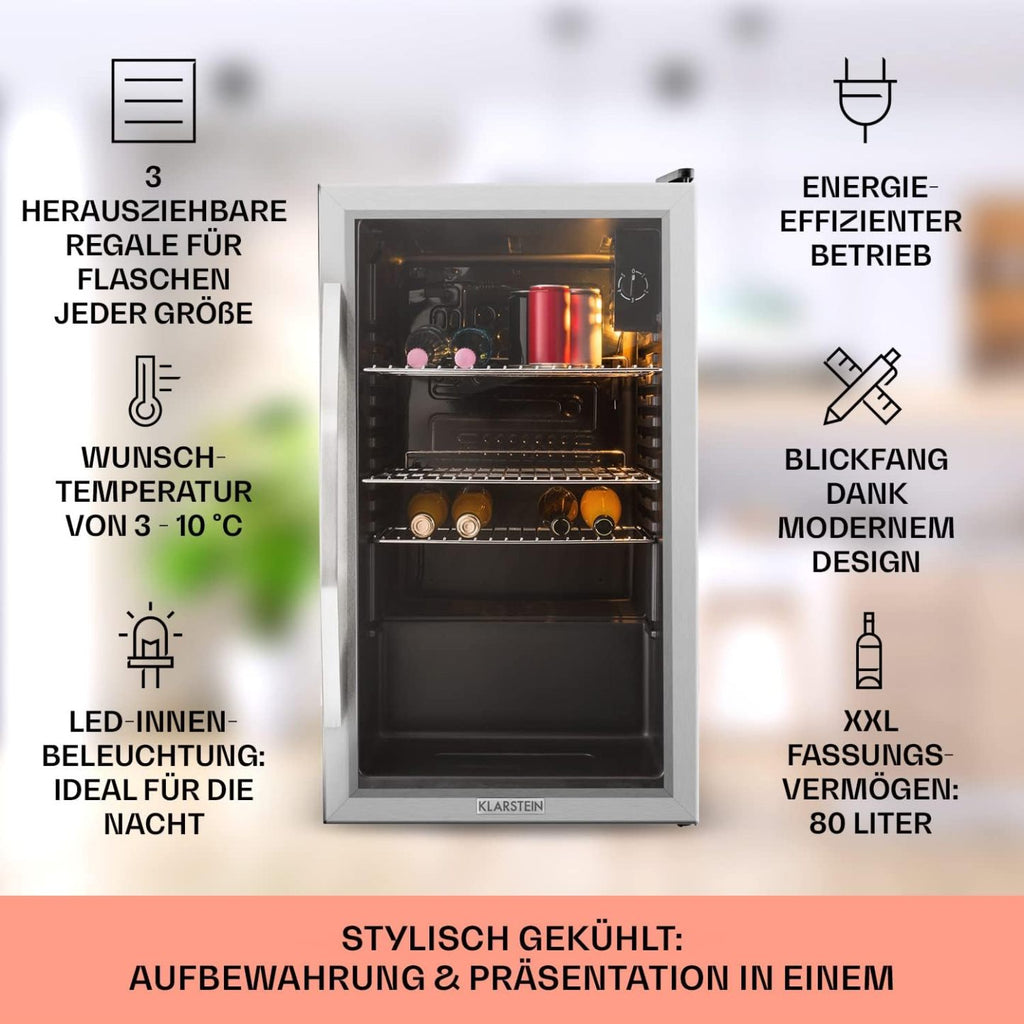 Klarstein Mini Kühlschrank mit Glastür für Zimmer, Getrnkekühlschrank mit Verstellbaren Ablagen, Kleiner 80 Liter, Indoor/Outdoor Kühlschrank Leise