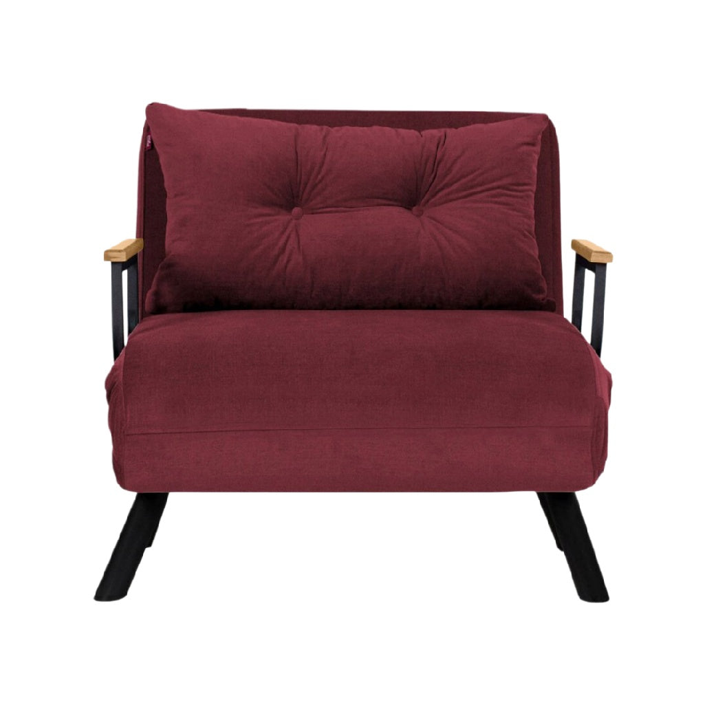 Fauteuil moderne en velours bordeaux avec accoudoirs en bois