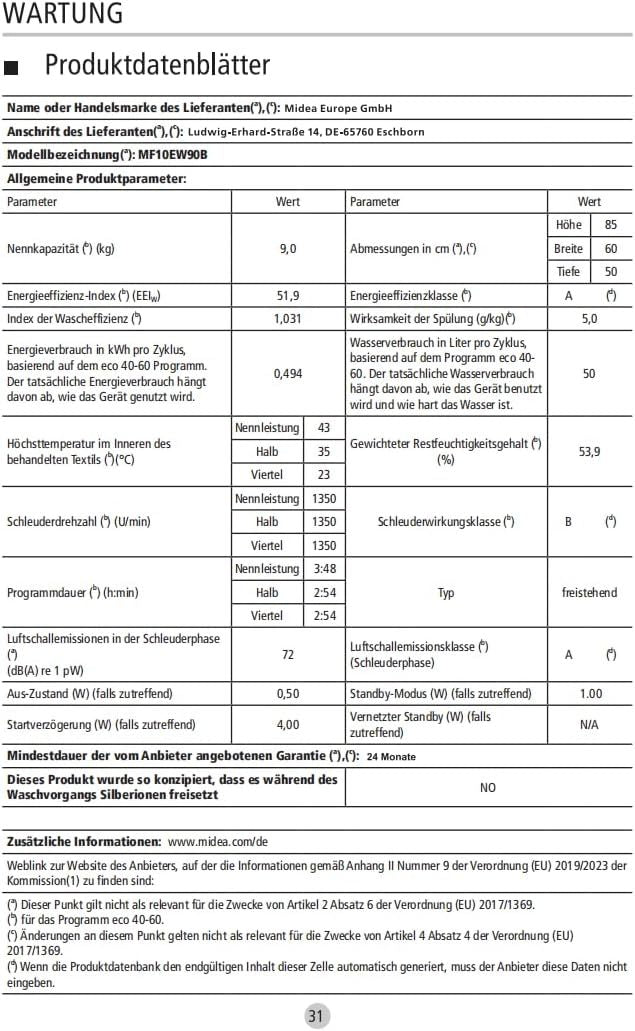 Midea MF10EW80B Waschmaschine / 8kg / 1400 U/Min/EEK A/Inverter Quattro Moto/Dampffunktion/Grosse Trommel/Slim Design/Nachlegefunktion/Kindersicherung/AquaStop, Weiß
