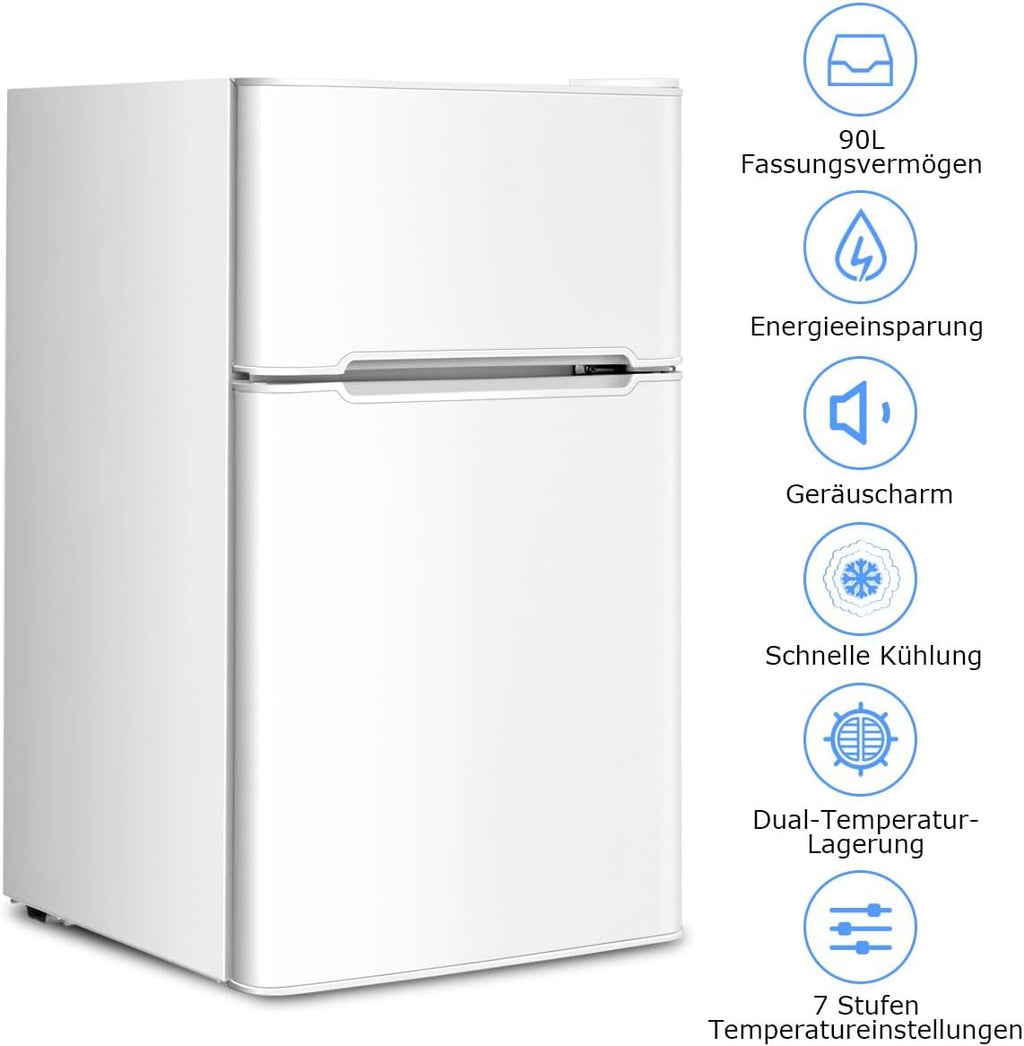 GOPLUS Kühlschrank mit Gefrierfach - Kühl Gefrierkombination / 90L Gesamtnutzinhalt, 27L Gefrierteil/Thermostat einstellbar/LED Innenbeleuchtung/Türanschlag wechselbar (Weiß)