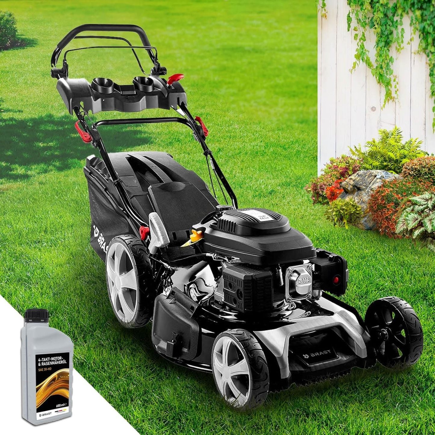 BRAST Benzin Rasenmäher mit Antrieb | 5,2kW (7PS) | 55cm Schnittbreite | viele Modelle | TÜV | 30-80mm Schnitthöhe | 60L Fangkorb | 4 Takt OHV Motor | Stahlgehäuse | Power