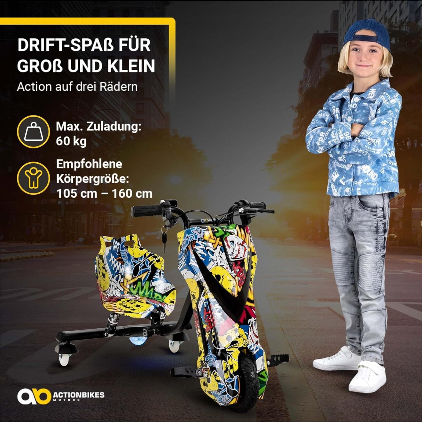 Actionbikes Motors Kinder Elektro Driftscooter | 𝟐𝟓𝟎 Watt Motor - Drift Cart 360°- 3 Geschwindigkeitsstufen - LED-Beleuchtung - Sitz verstellbar - Bluetooth - Drift Kart - Drift Auto (Space Purple)