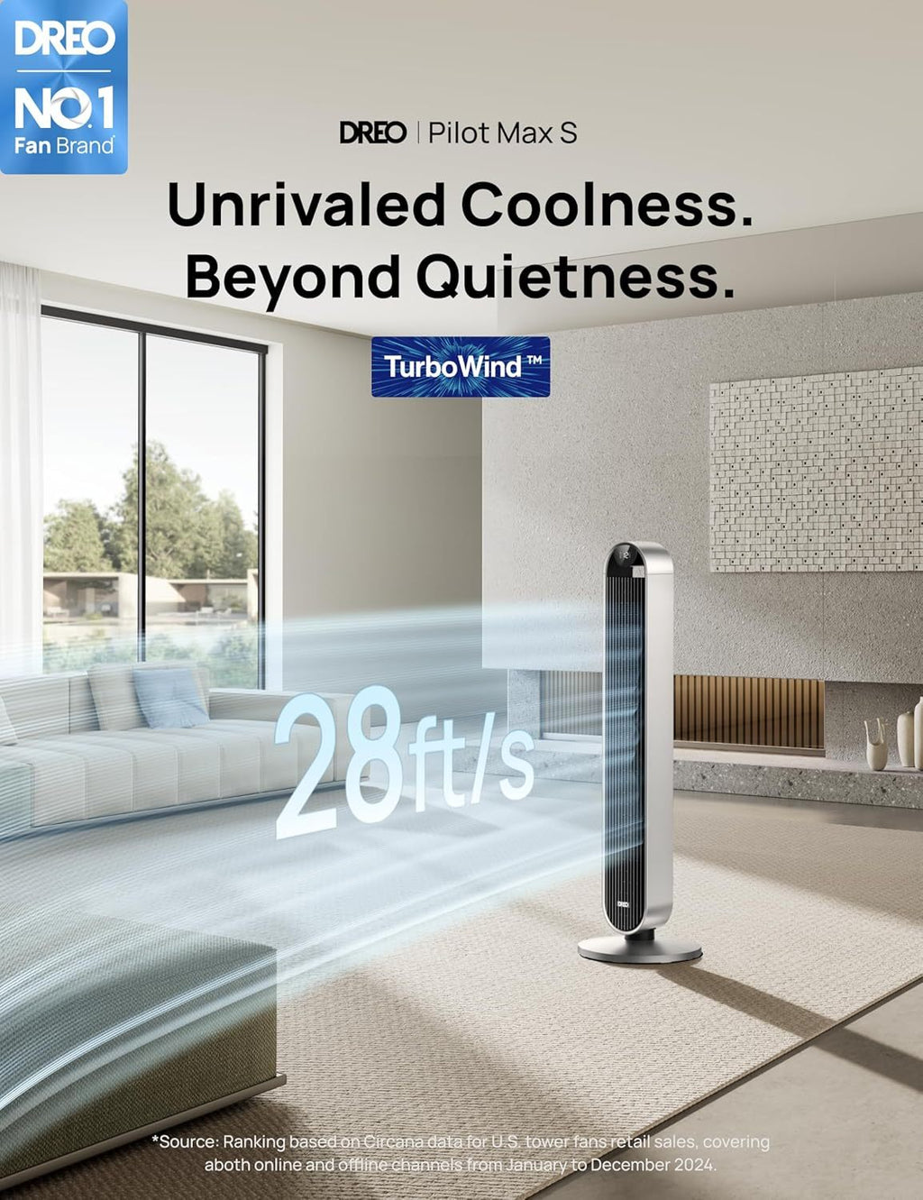 Dreo 25dB leiser Smart Turmventilator mit Sprachsteuerung, WiFi Alexa Ventilator, APP Steuerung, 120° Oszillierender Standventilator, 12 Geschwindigkeiten, 4 Modi, 12-Stund-Timer, Pilot Max S