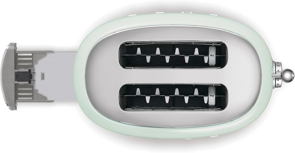 Smeg, 2x2 TSF01PGEU -Toaster, 2 Schlitze für 2 Scheiben, 6 Vergoldungsniveaus, Heizfunktion, Abtau- und Bagel- Funktion, Sammelschublade, 950W, Pastellgrün