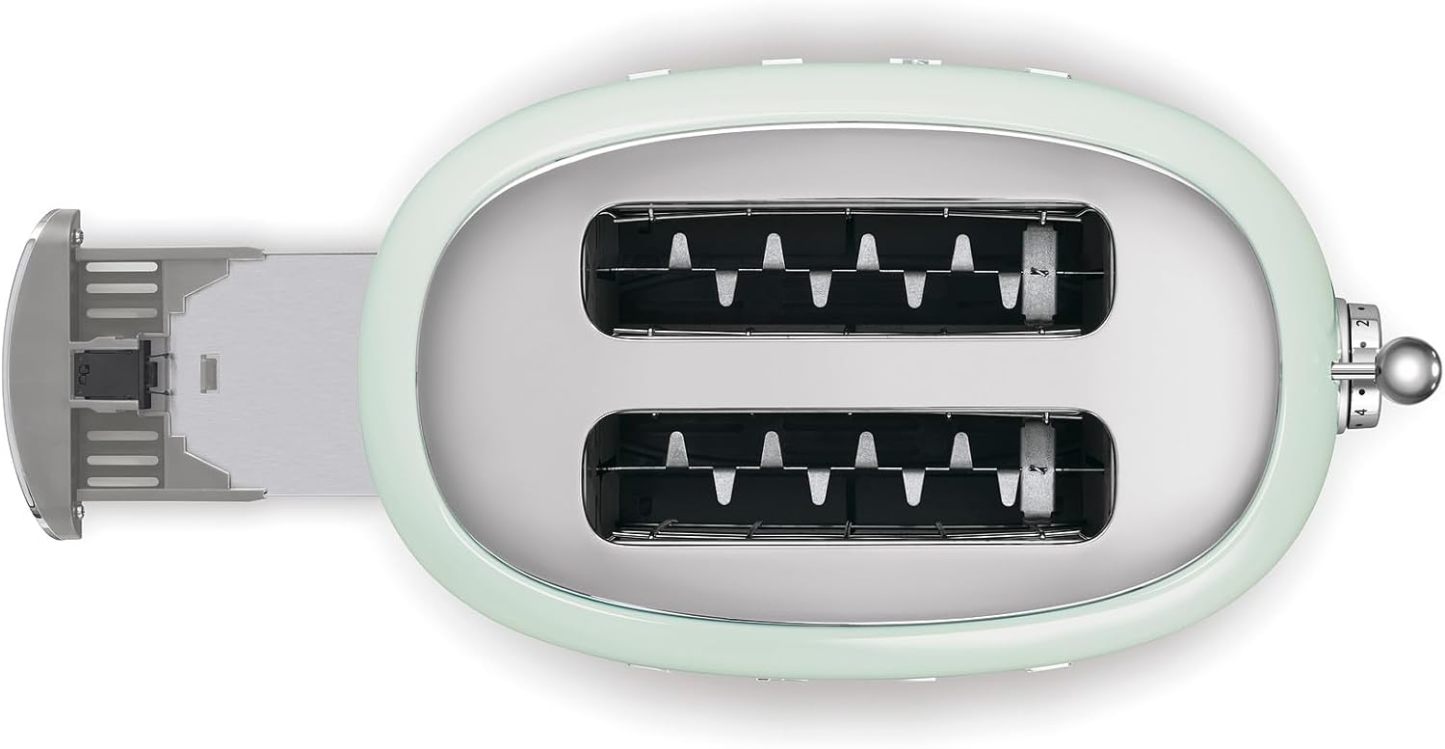 Smeg, 2x2 TSF01PGEU -Toaster, 2 Schlitze für 2 Scheiben, 6 Vergoldungsniveaus, Heizfunktion, Abtau- und Bagel- Funktion, Sammelschublade, 950W, Pastellgrün