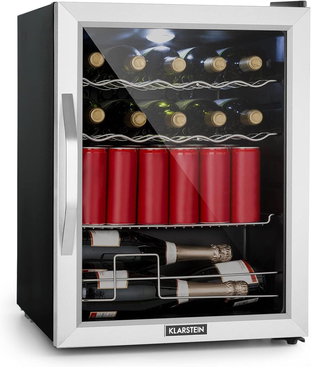 Klarstein Mini Kühlschrank mit Glastür für Zimmer, Getrnkekühlschrank mit Verstellbaren Ablagen, Kleiner 80 Liter, Indoor/Outdoor Kühlschrank Leise