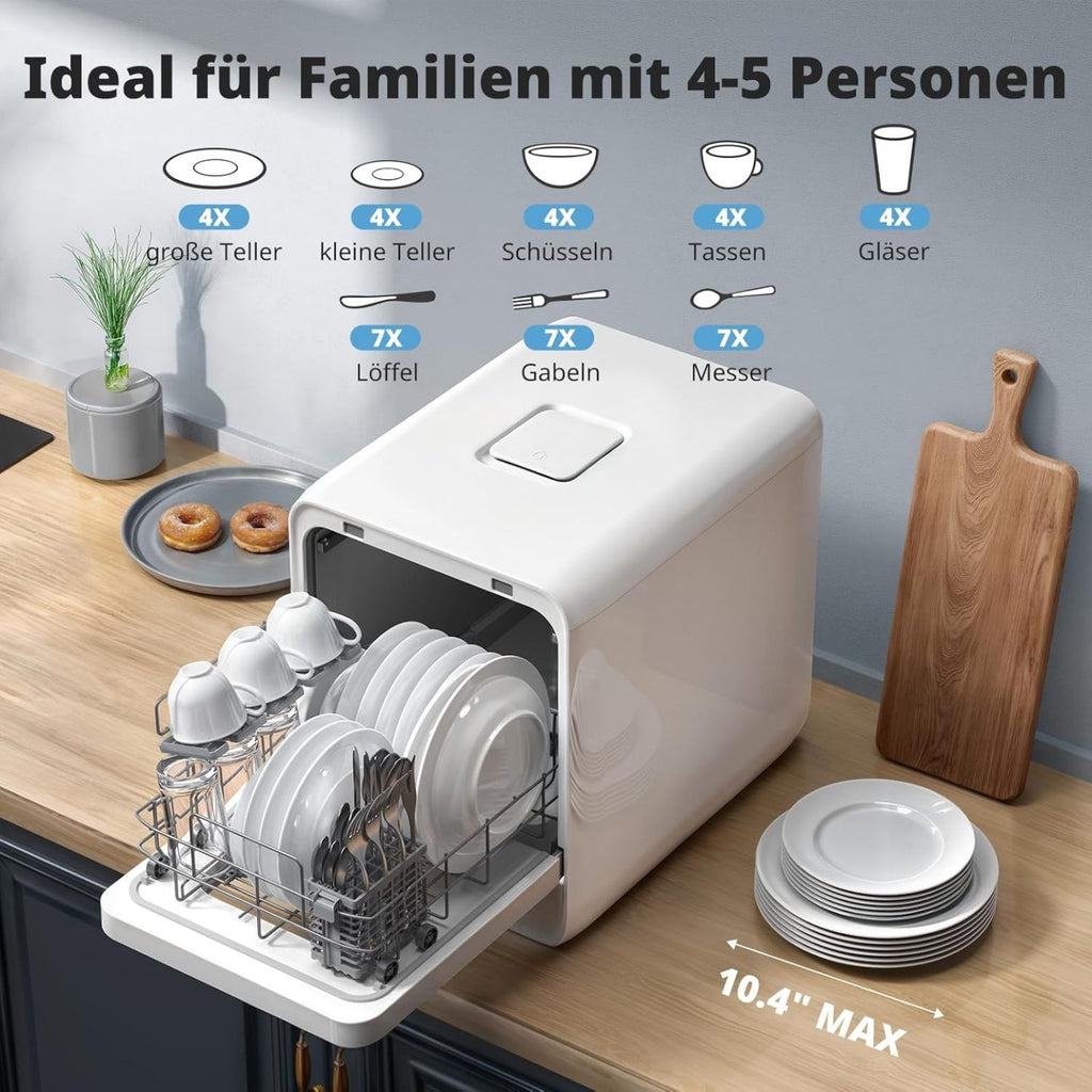 AIRMSEN Tischgeschirrspüler Mini Geschirrspüler mit wassertank klarspüler spülmaschine mit 9 Programme 37 * 50cm Ultra-Schmal & Tief, 1-24H Timer, 360° Doppelspray Schlauch-/Schlauchlos Weiß (Weiß)